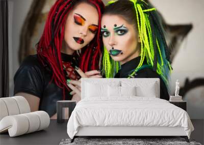 Beautiful young women with piercing, dreads and stylish make-up.  Women cyberpunk. Wall mural