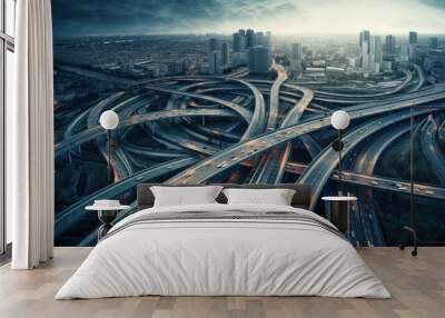 Aerial drone top view photo of highway multilevel junction interchange road in urban populated area Wall mural