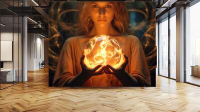 Concept of magical power. magic in hands. ball of light in the hands of the girl. flash of light on dark background Wall mural