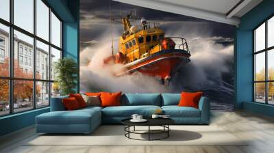 Orange rescue or coast guard patrol boat industrial vessel in blue sea ocean water. Rescue operation in stormy sea Wall mural