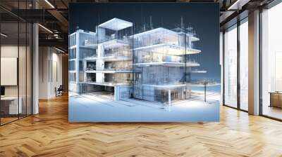 Wireframe of building. sketch design. Digital project visualization Wall mural