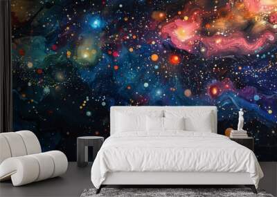 Abstract Night Sky: An abstract representation of the night sky, with stars and celestial bodies rendered in vibrant colors. Wall mural