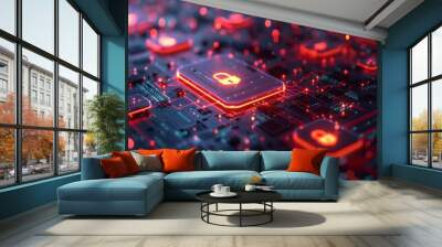 An abstract representation of cybersecurity technology, with glowing shields and locks guarding against digital threats in a virtual environment. Wall mural