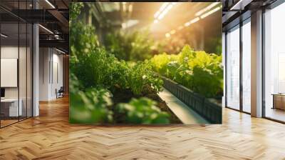 Autonomous AI-controlled urban farming bots planting and harvesting crops: Robots managing agriculture in city environments with minimal human input. Wall mural