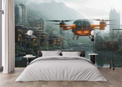 Autonomous AI-guided tour drones providing virtual city guides for tourists: Drones flying above tourist attractions, offering guided tours via AI-generated commentary. Wall mural