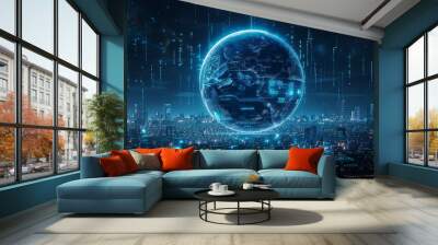 Digital world globe with real-time city data, Cityscape integration, Dynamic weather patterns visualization, Time zone delineation, Network security overlays, Dynamic city data integration Wall mural