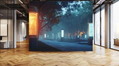 Futuristic AI-controlled air quality monitors integrated into public parks: Monitors that adjust air filtration systems and inform park-goers of air quality changes. Wall mural