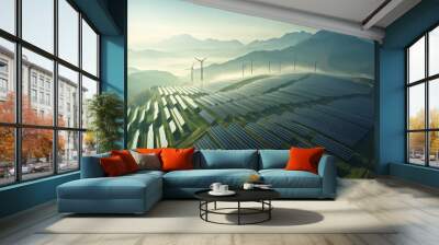 Futuristic renewable energy farms managed by AI: Solar panels and wind turbines operating autonomously with AI optimization. Wall mural