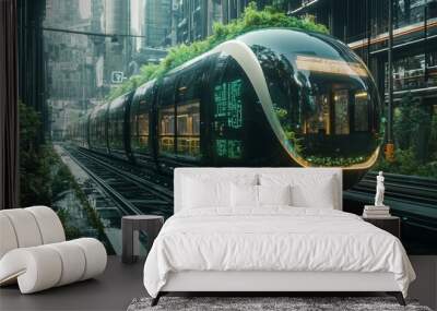 Futuristic smart public transportation systems with real-time environmental adaptation: Buses and trains adjusting their routes and energy consumption based on real-time environmental conditions. Wall mural