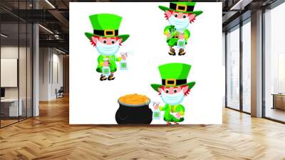 Cute cartoon style set of illustrations of leprechauns wearing face mask Wall mural