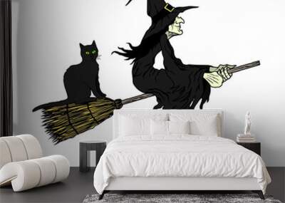 Vector illustration of a witch with a black cat on a broom Wall mural