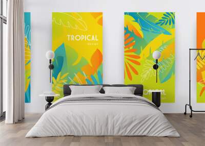 Tropical themed banners set. Creative compositions of colorful palm leaves and branches. Abstract geometric design templates for posters, covers, wallpapers with place for text. Flat style vector Wall mural