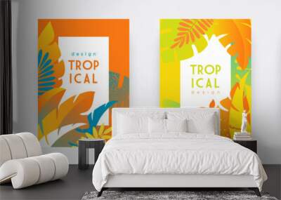 Tropical themed banners set. Creative compositions of colorful palm leaves and branches. Floral geometric design template for posters, covers, social media stories. Flat style vector illustration Wall mural