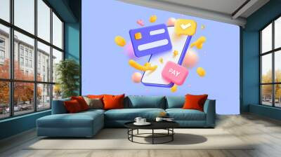 3d pay with mobile phone, banking online payments icon concept. Pay button on smartphone transaction with credit card. 3d mobile with financial bills receipt. 3d vector illustration Wall mural