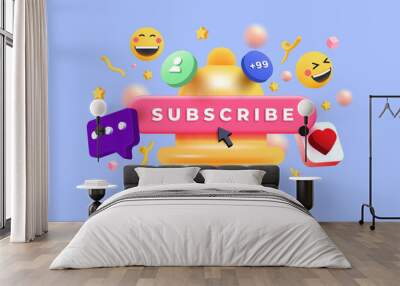 3D Subscribe bell notification with confetti. Congratulations on new social media followers. New subscriber in social network. Cartoon creative design icon isolated on purple background. 3D Vector ill Wall mural