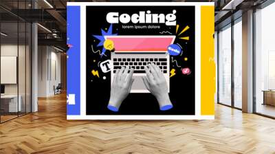 Collage design of website design, development, programming, seo. Hands holding a lightbulb and pencil, top view of man working using computer. Digitalart concept. VectorIllustration Wall mural