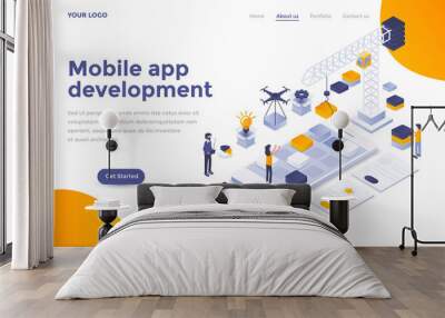 Flat color Modern Isometric Concept Illustration - Mobile app development Wall mural