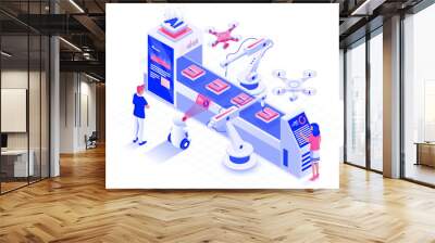 Flat color Modern Isometric Illustration design - Automated Industry Wall mural