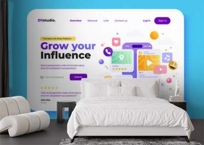 Landing page template of Social Media Management. 3D Social media platform, online social communication applications concept.  Modern 3D design concept of web page design for website. Vector Wall mural