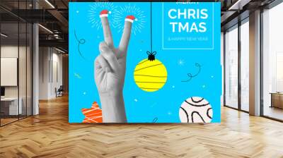 Modern illustration with halftone hand showing V gesture with Santa Claus hats on fingers. Colorful retro collage style illustrations. Design for poster, banner, greeting and celebration. Vector Illus Wall mural