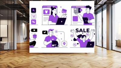 Online shopping and E-commerce concept set. Sale, orders, online payment, delivery, loyalty program. Vector Illustration Wall mural