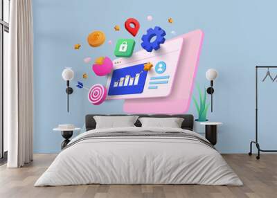 SEO Optimization, web analytics and seo marketing social media concept. 3d vector illustration Wall mural