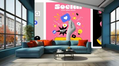 Set of collage elements with Marketing elements and hands. Modern illustration with hands coming out of phones and showing different gestures. Retro banner with cut out paper elements. Vector Wall mural