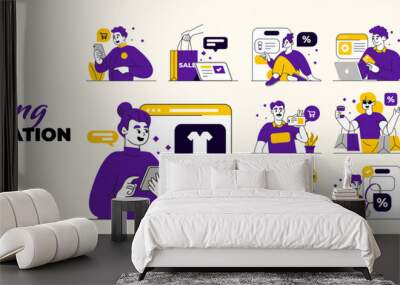 Shopping concept illustrations. Set of flat design vector illustrations of men and women in various activities of online shopping, ecommerce, sale, product order and delivery. Wall mural