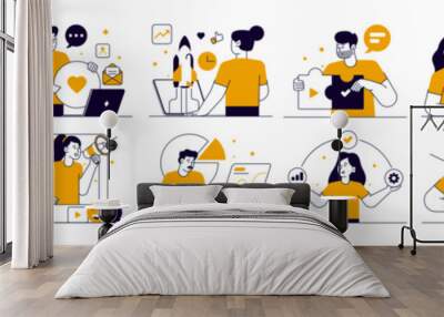 Social Media Marketing illustrations. Mega set. Collection of scenes with men and women taking part in business activities. Trendy vector Illustration Wall mural