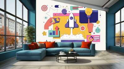 Startup project web concept with hand character scene. Man generates ideas for launches new business, investment and developing. Vector illustration for marketing material. Wall mural