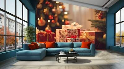 Christmas gifts at the foot of a Christmas tree or a Christmas fir tree Wall mural