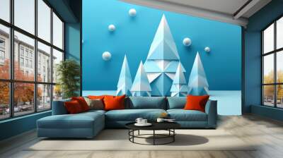 Illustration of a christmas tree with geometric shapes on a light blue background Wall mural