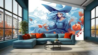 Illustration of a witch in halloween in azure tones Wall mural