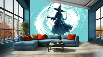 Illustration of a witch in halloween in light cyan tones Wall mural