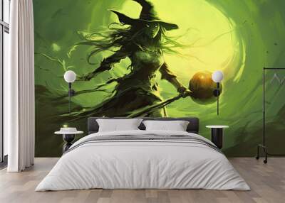 Illustration of a witch in halloween in light green tones Wall mural