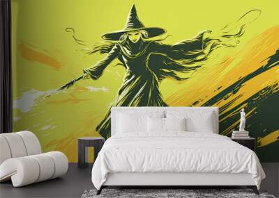 Illustration of a witch in halloween in light lime tones Wall mural