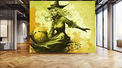 Illustration of a witch in halloween in light lime tones Wall mural