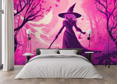 Illustration of a witch in halloween in light magenta tones Wall mural