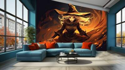 Illustration of a witch in halloween in vivid brown tones Wall mural