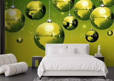 Illustration of christmas balls on a chartreuse background Wall mural