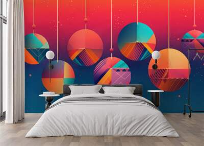 Illustration of christmas balls with geometric shapes on a colorful background Wall mural