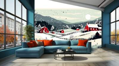 Snowy Christmas landscape illustration Wall mural