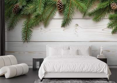 Spruce branches on a white wood background Wall mural