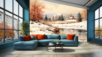 Watercolor of a snowy Christmas landscape Wall mural