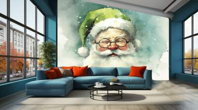 Watercolor of Santa Claus face on a light green background Wall mural