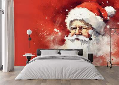 Watercolor of Santa Claus face on a vivid red background Wall mural