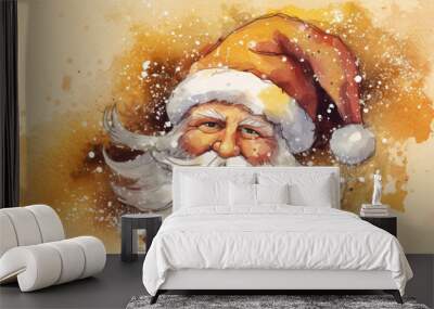 Watercolor of Santa Claus face on a yellow background Wall mural