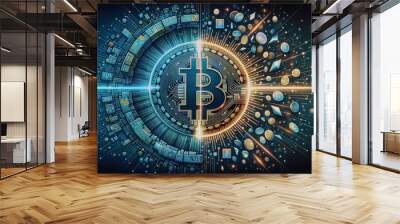 Hologram image of Bitcoin block reward reduce 50% after halving, bitcoin mining concept, node, blockchain technology, digital currency, event of cryptocurrency Wall mural