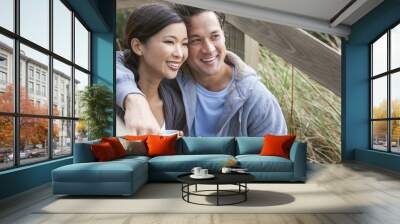 asian man woman romantic couple drinking coffee Wall mural