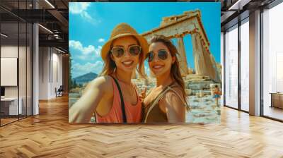 two young women in their 20s, one Asian and one Hispanic, taking a selfie at the Acropolis in Athens. Wall mural